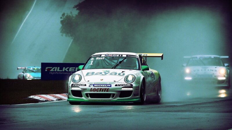 White Race Car on Track — Green, Dramatic, Night, Photograph