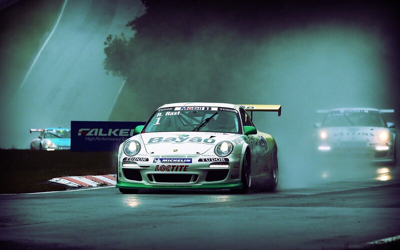 White Race Car on Track — Green, Dramatic, Night