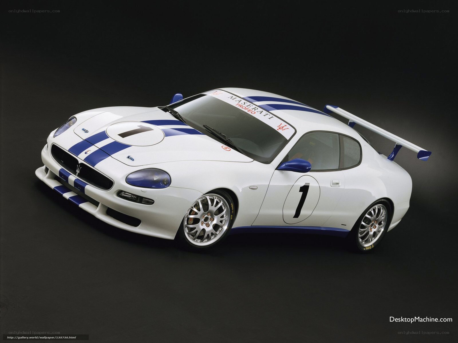 white race car with blue stripes