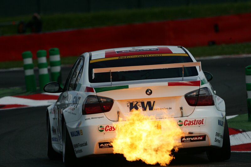 White Race Car with Flames — Dramatic