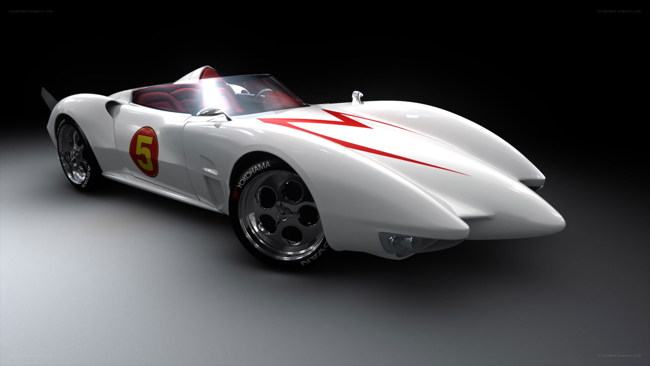 White race car with red lightning