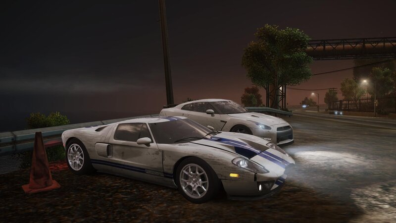White Race Cars at Night — Gray