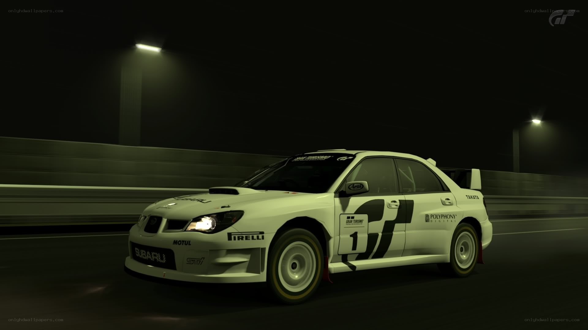 white rally car at night