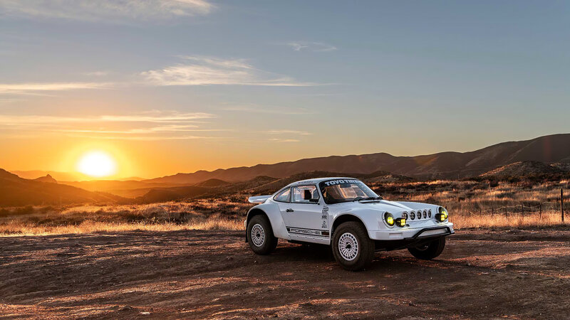 White Rally Car — Dramatic, Sunset, Photograph