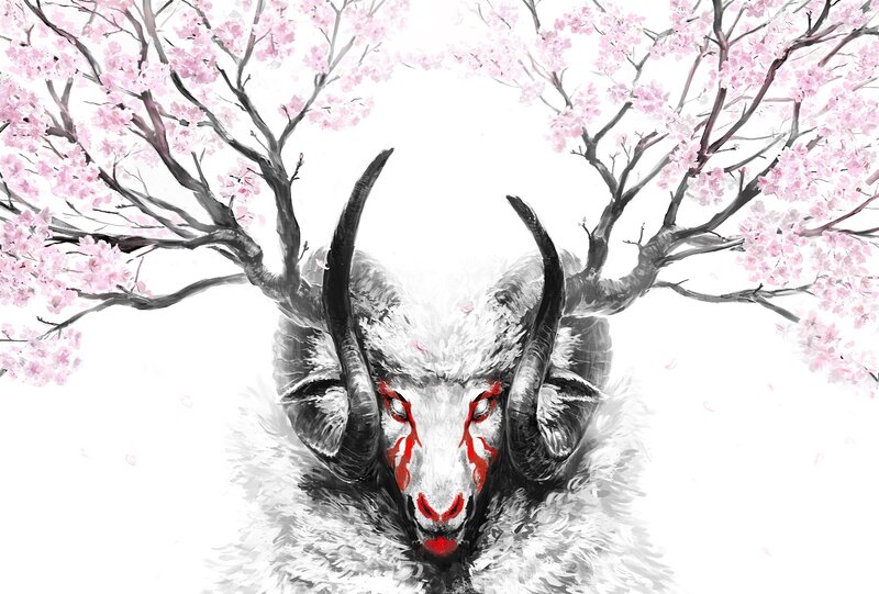 White Ram with Cherry Blossoms