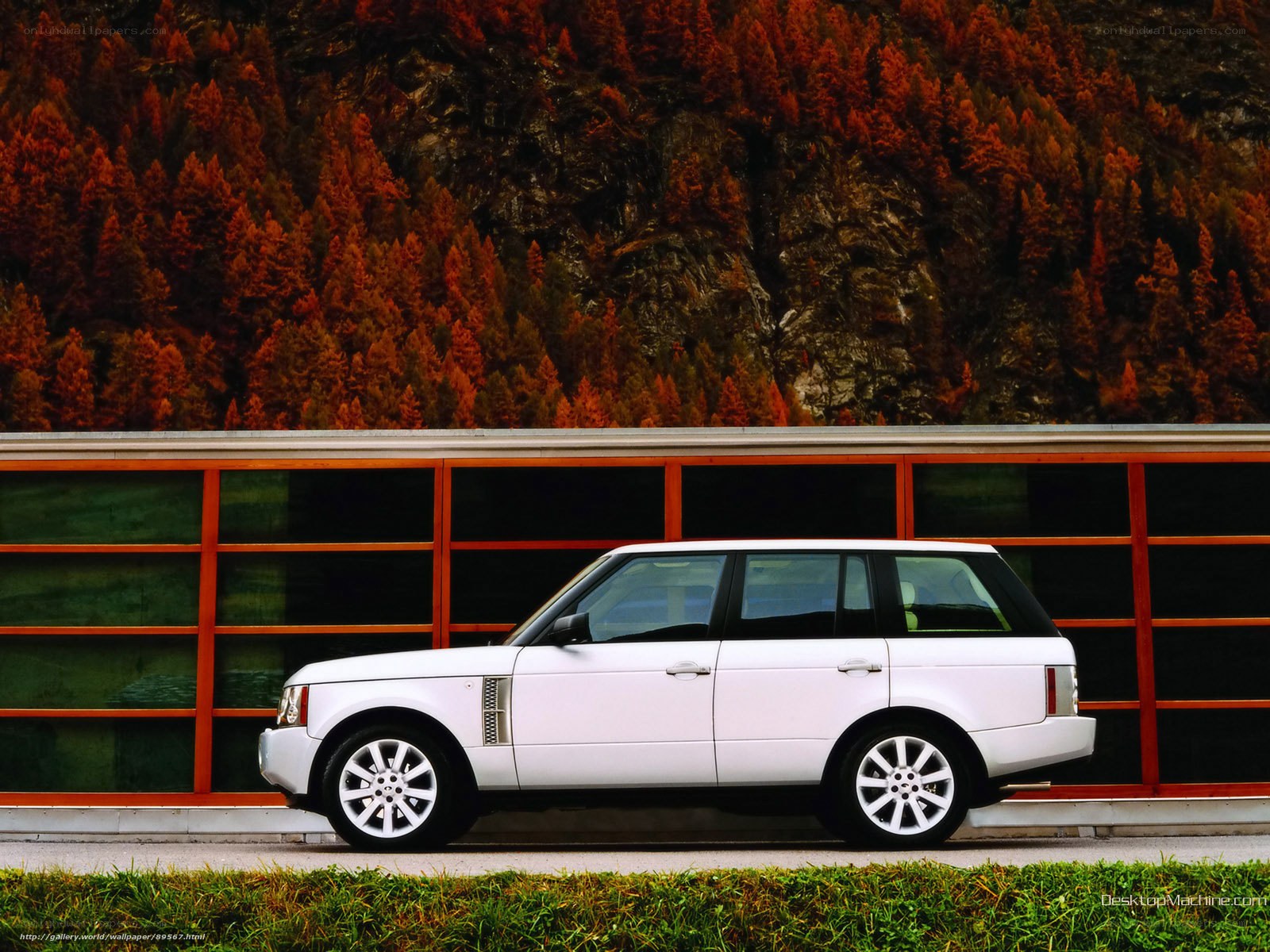 White Range Rover in autumn landscape