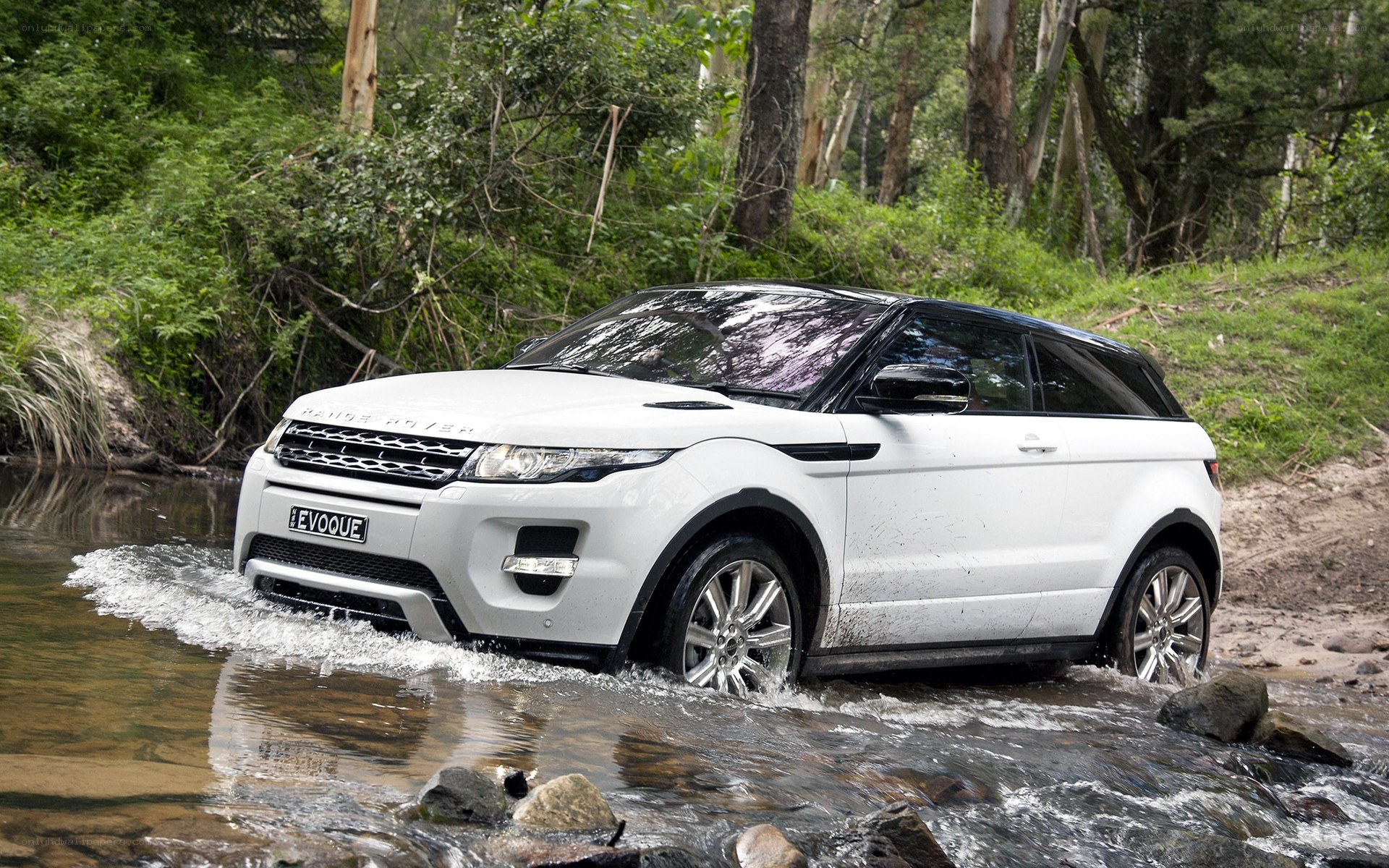 White Range Rover in stream