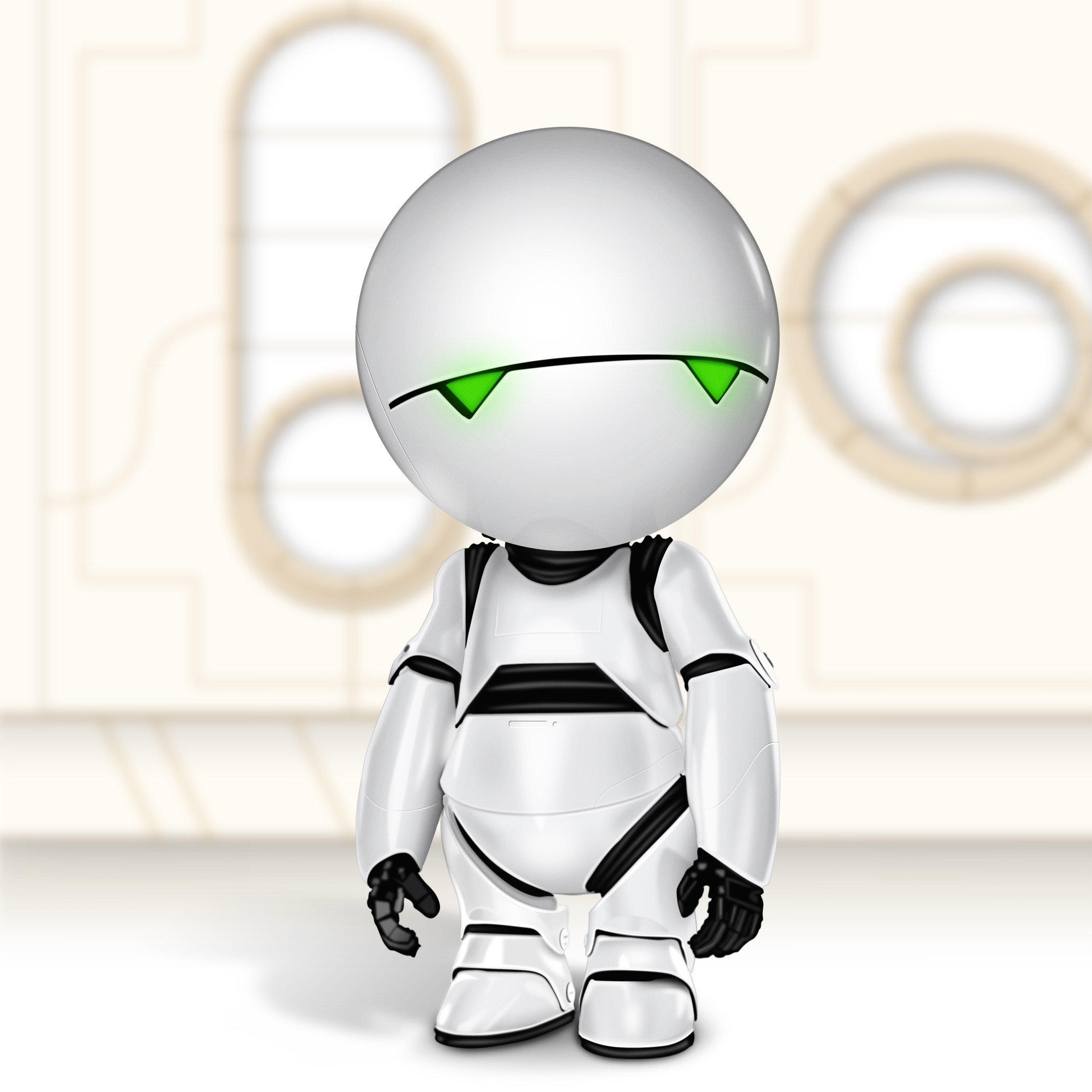 white robot with green eyes