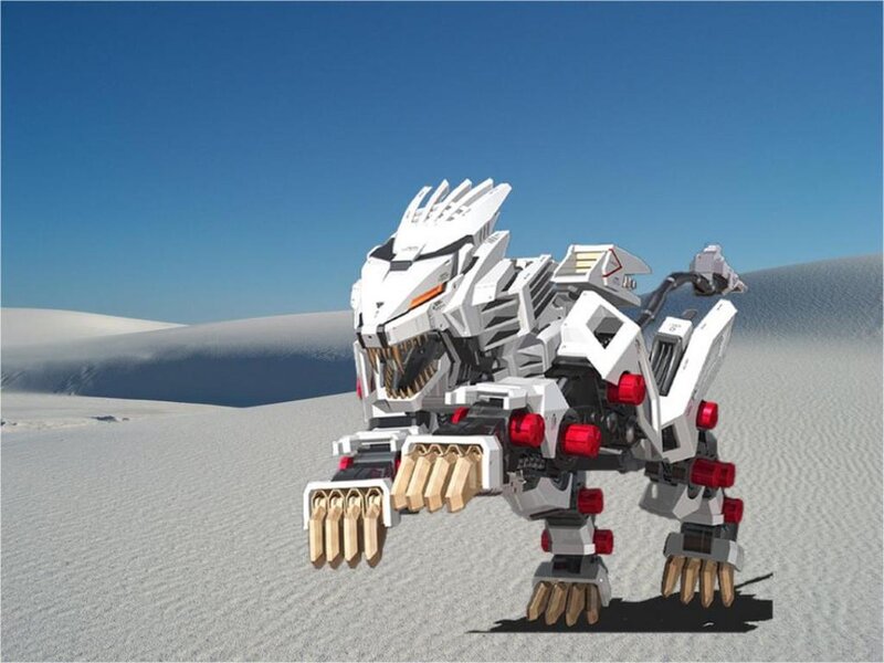 white robotic dinosaur in desert