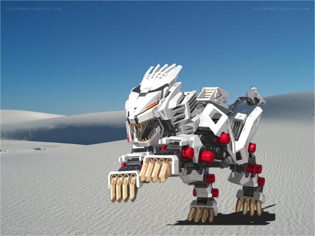 white robotic dinosaur in desert