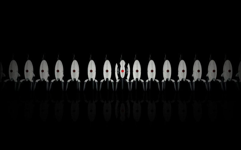 White Robots in a Row — Black, Dramatic, 3d Render