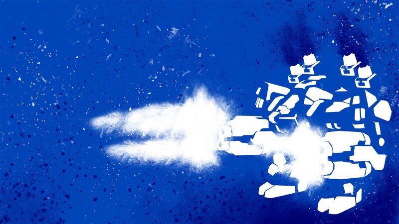 white robots on blue background