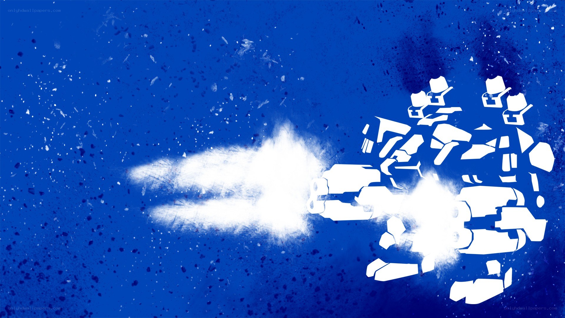 white robots on blue background