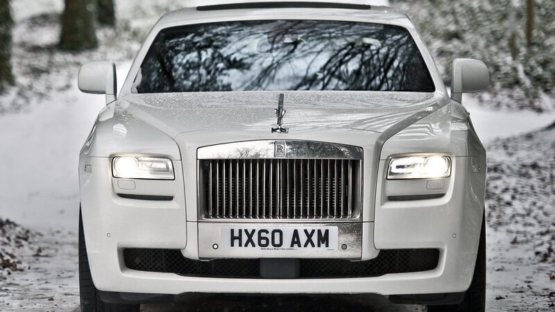 White Rolls-Royce in snow