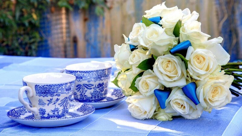 White Rose Bouquet — Blue, Serene, Afternoon, Photograph, Tea Cups, Tablecloth