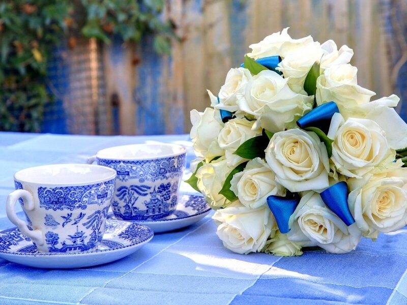 White Rose Bouquet — Blue, Serene, Afternoon, Photograph, Tea Cups