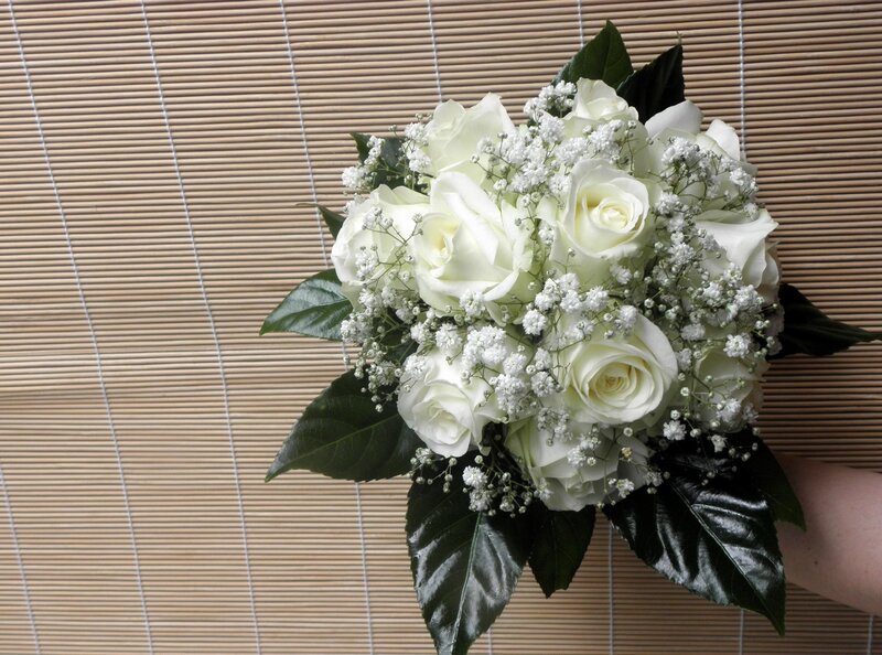 White Rose Bouquet — Calm, Photograph, Green Leaves, Hand, Bamboo Screen