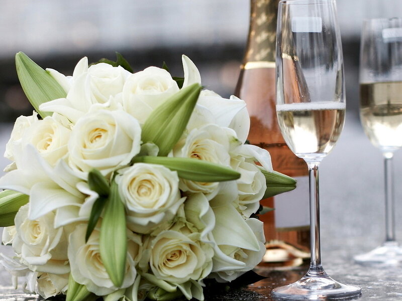 White Rose Bouquet — Elegant, Photograph, Champagne Bottle