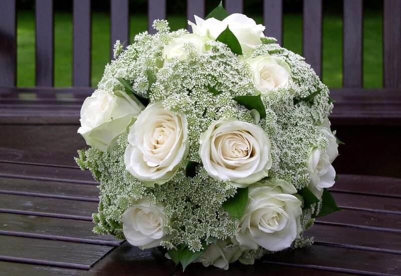 White Rose Bouquet — Serene, Afternoon, Photograph, Flowers, Bench