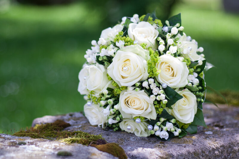 White Rose Bouquet — Serene, Afternoon, Photograph, Green Leaves, Moss