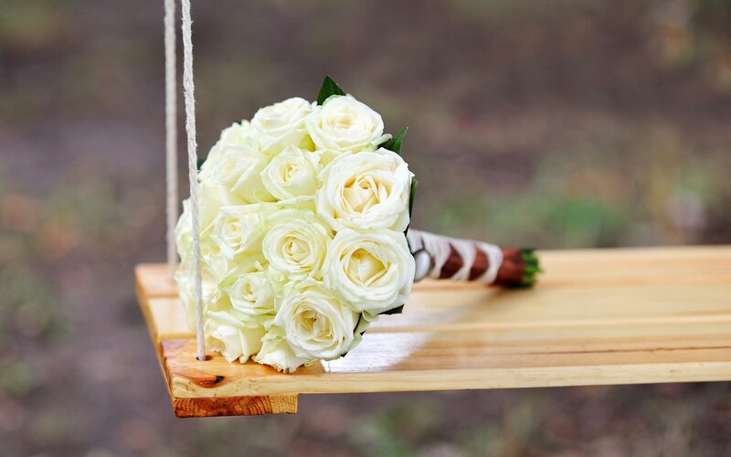 White Rose Bouquet — Serene, Afternoon, Photograph, Wooden Swing