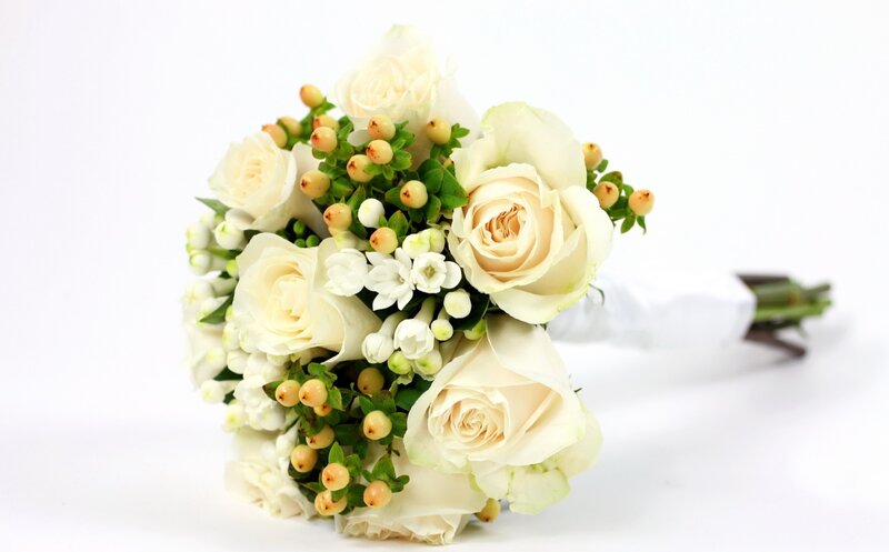 White Rose Bouquet — Serene, Photograph, Berries, Greenery