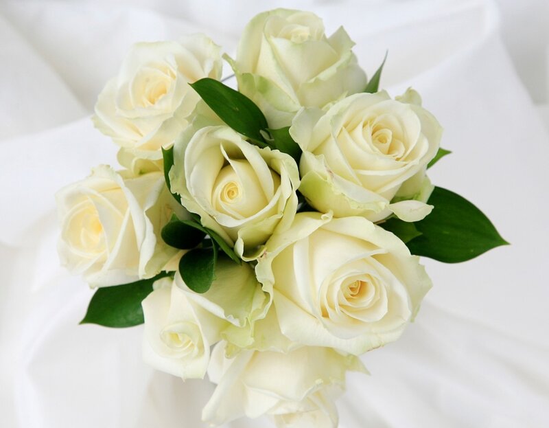 White Rose Bouquet — Serene, Photograph, Green Leaves, Fabric