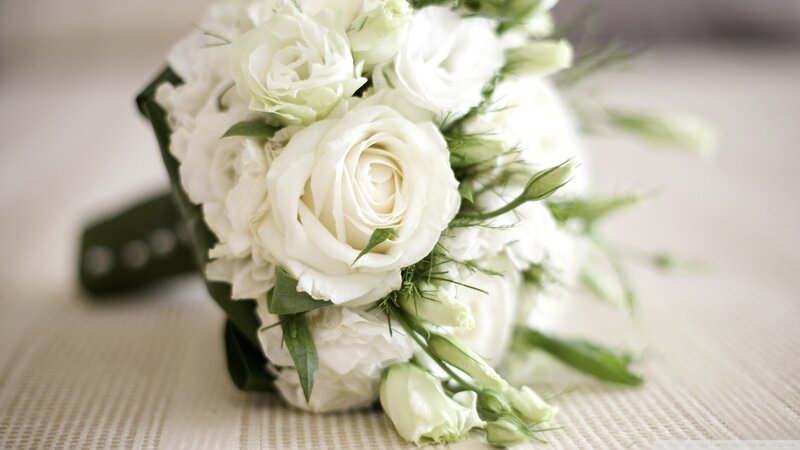 White Rose Bouquet — Serene, Photograph, Green Leaves, Flowers, Tablecloth