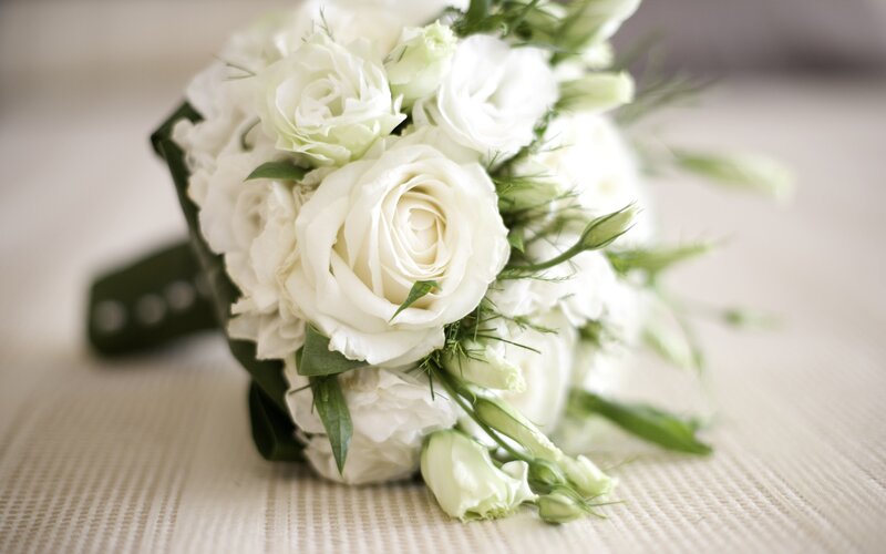 White Rose Bouquet — Serene, Photograph, Green Leaves, Flowers