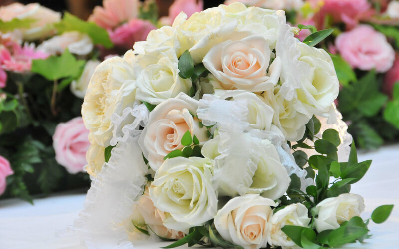 White Rose Bouquet — Serene, Photograph, Green Leaves, Lace Ribbon