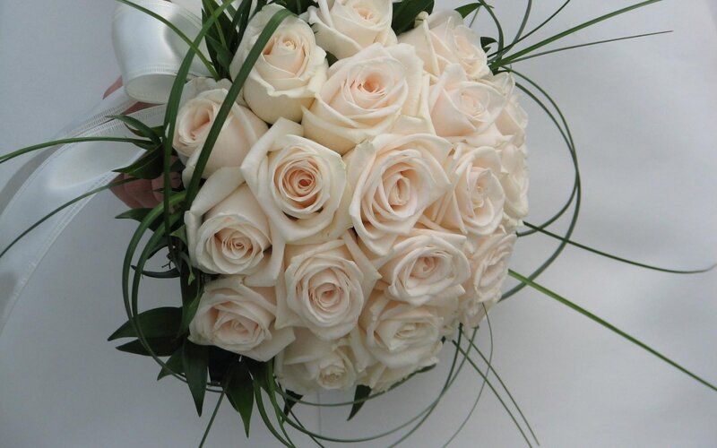 White Rose Bouquet — Serene, Photograph, Green Leaves, Ribbon
