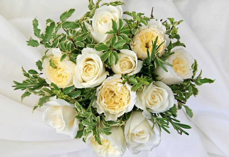 White Rose Bouquet — Serene, Photograph, Green Leaves, White Fabric