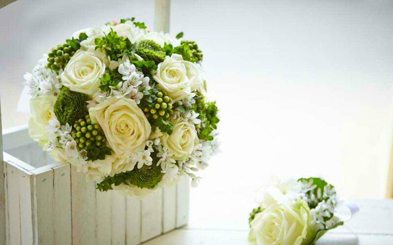 White Rose Bouquet — Serene, Photograph, Greenery, Wooden Box