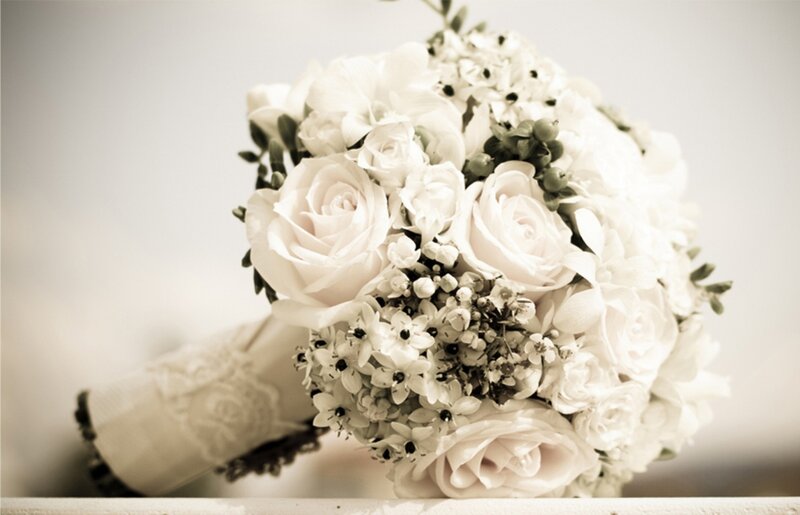 White Rose Bouquet — Serene, Photograph, Lace Wrap