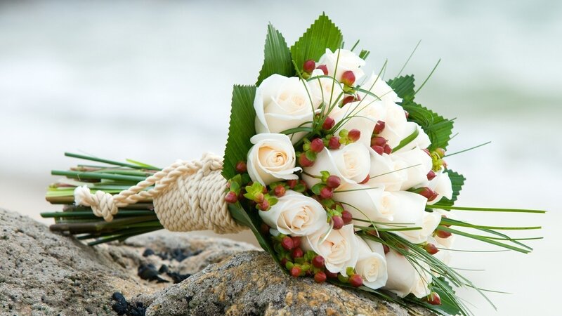 White Rose Bouquet — Serene, Photograph, Rocks