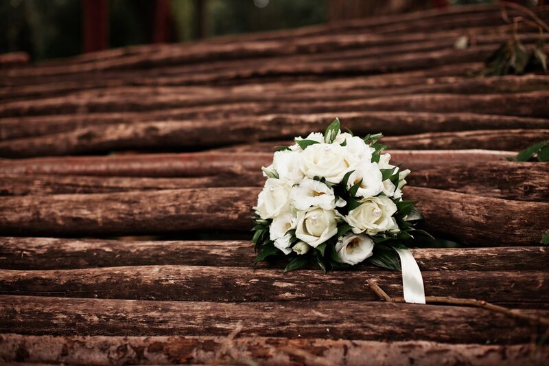White Rose Bouquet — Serene, Photograph, Wooden Logs
