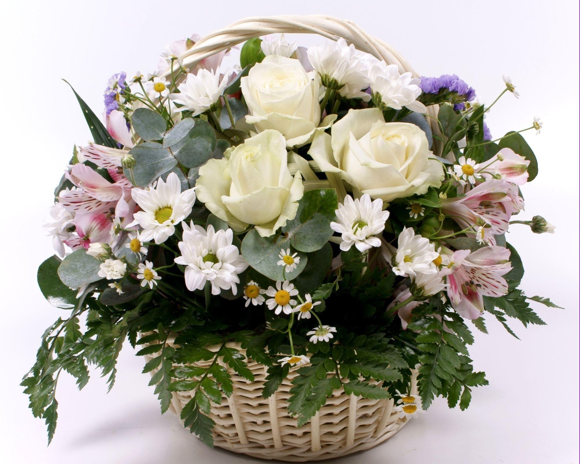 white rose flower basket