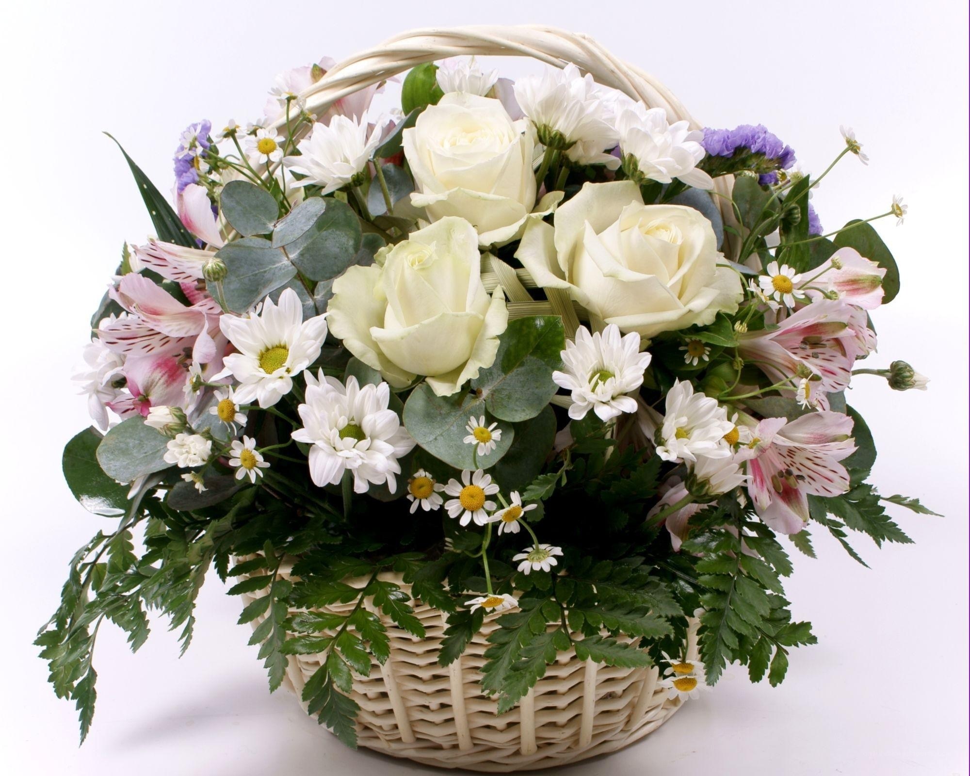 white rose flower basket