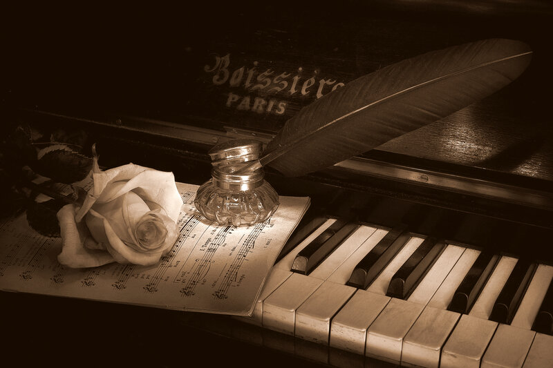 White Rose on Piano — Sepia
