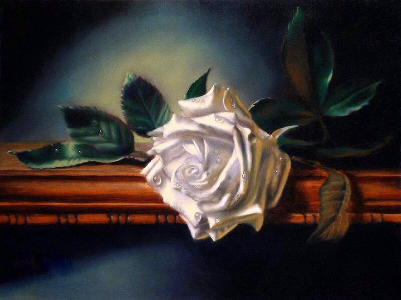 White Rose on Wood — Dramatic, Painting