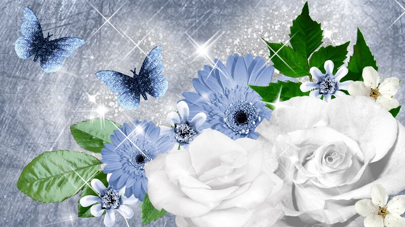 White Roses and Blue Flowers — Serene