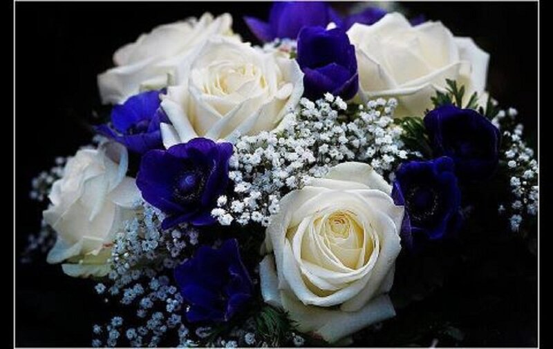 White Roses and Blue Flowers