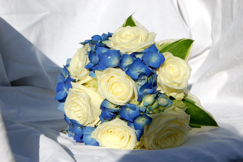 White Roses and Blue Hydrangeas
