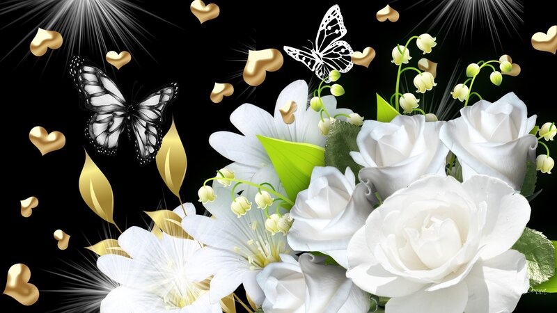 White Roses and Butterflies — Black