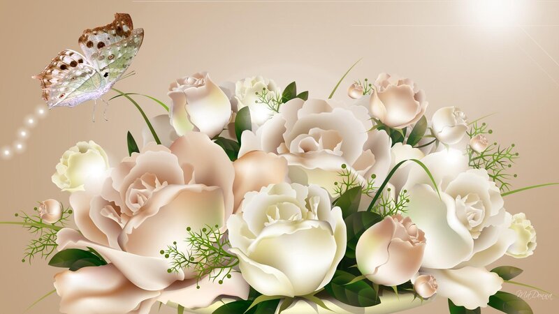 White Roses and Butterfly — Beige