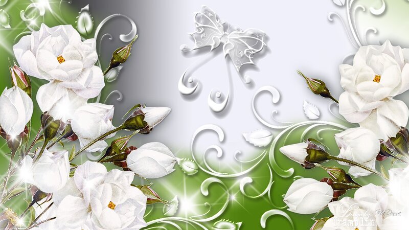 White Roses and Butterfly — Elegant, Digital Art