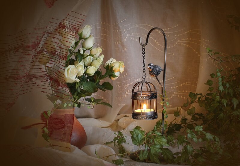 White Roses and Candle — Beige