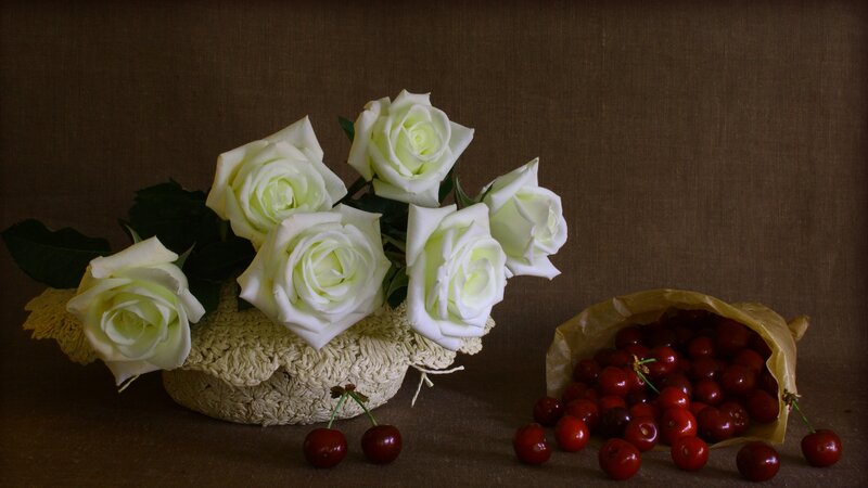 White Roses and Cherries — Brown