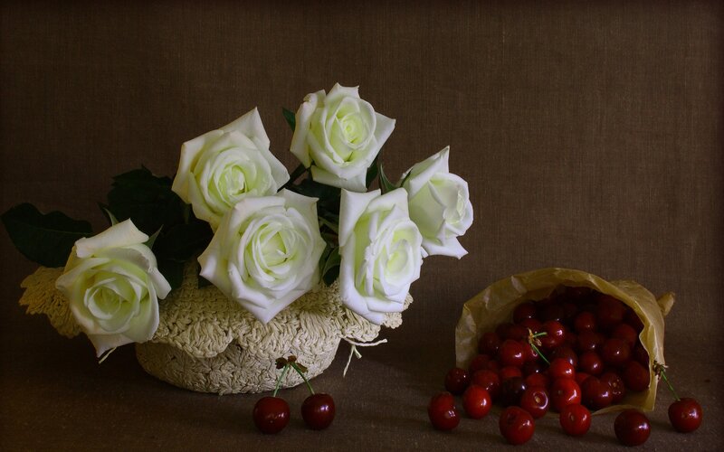White roses and cherries still life