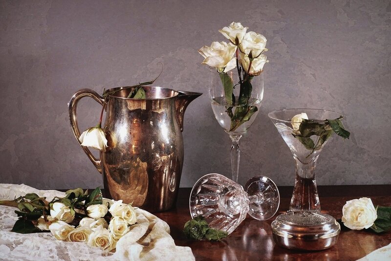 White Roses and Glassware